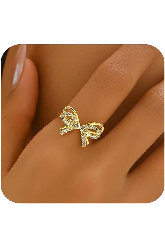 18K Gold Plated Stackable Bow Rings for Women Dainty Adjustable Open Cubic Zirconia Friendship Bow Knot Rings