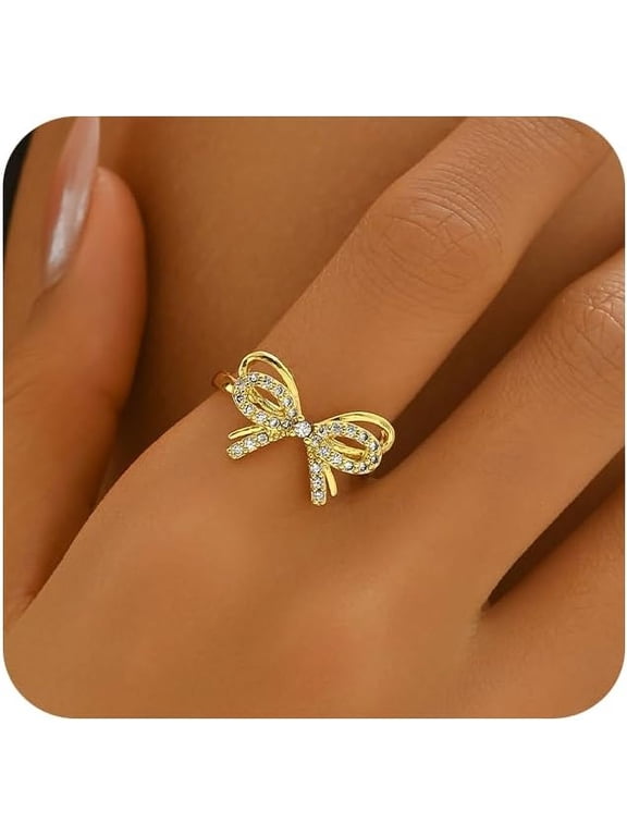 18K Gold Plated Stackable Bow Rings for Women Dainty Adjustable Open Cubic Zirconia Friendship Bow Knot Rings