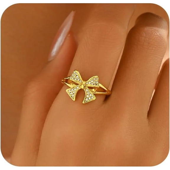 18K Gold Plated Stackable Bow Rings for Women Dainty Adjustable Open Cubic Zirconia Friendship Bow Knot Rings