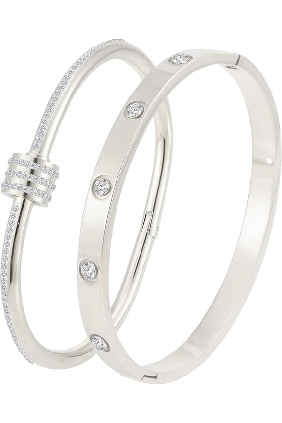 18K Gold Plated Stainless Steel Cuff Bracelet & Love Friendship Screw Bangle Bracelet Set for Women with Gift Box