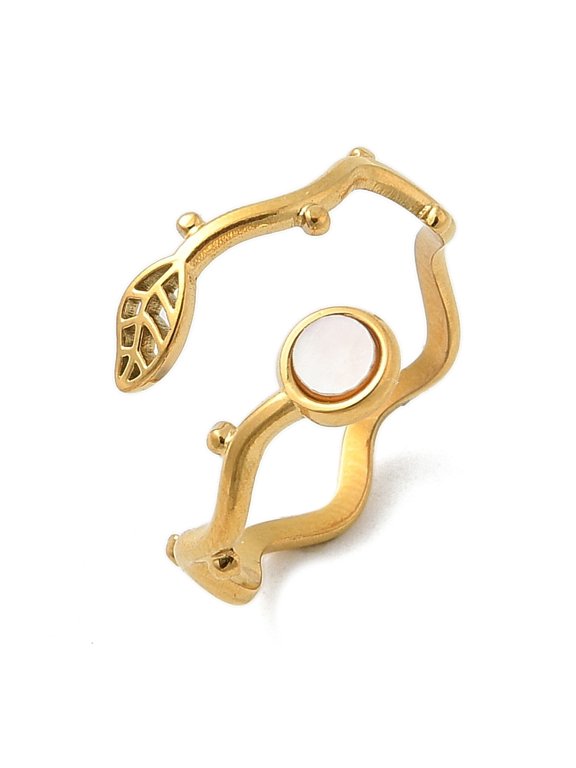Gold-Tone Stainless Steel Flat Round Leaf Adjustable Cuff Ring White Shell R186