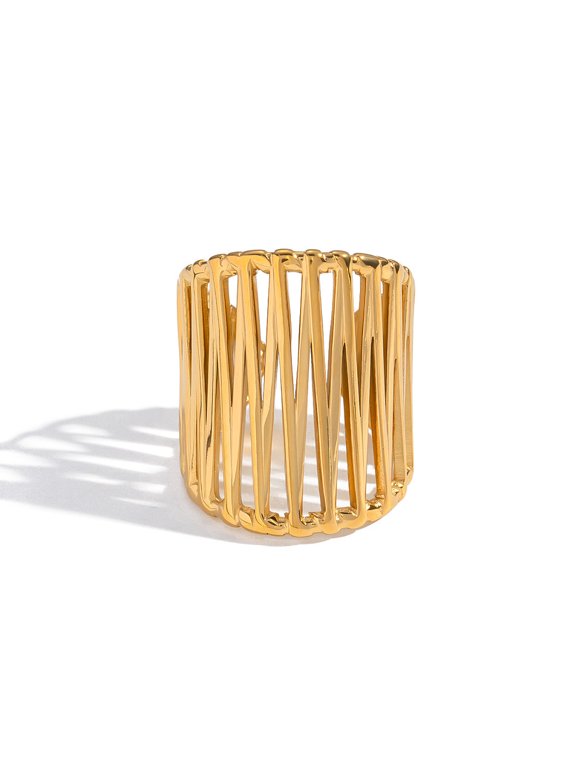 Gold-Tone Stainless Steel Geometric Open-Slat Adjustable Cuff Ring R142