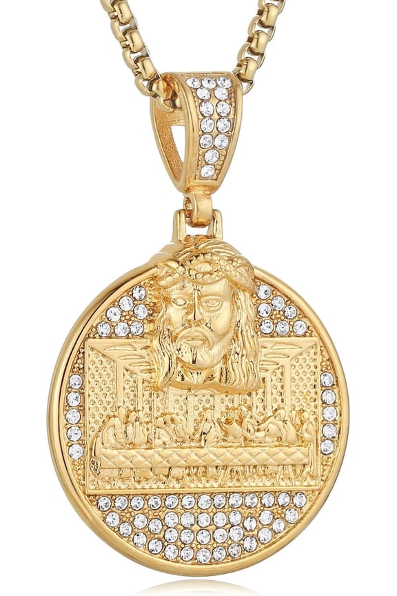 18K Gold Plated Stainless Steel Last Supper Pendant Necklace with Rhinestones - Large & Small Size Religious Jewelry Gift for Men Women