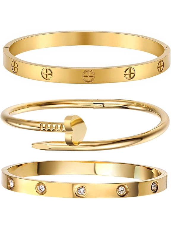 18K Gold Plated Stainless Steel Love Nail Bangle Clover Bracelet Set Stackable Dupes for Love Trendy Jewelry