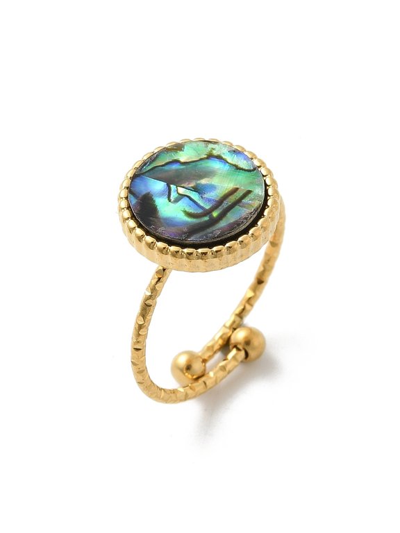 18K Gold-Plated Stainless Steel Shell Flat Round Polished Textured Oval Adjustable Cuff Ring R272