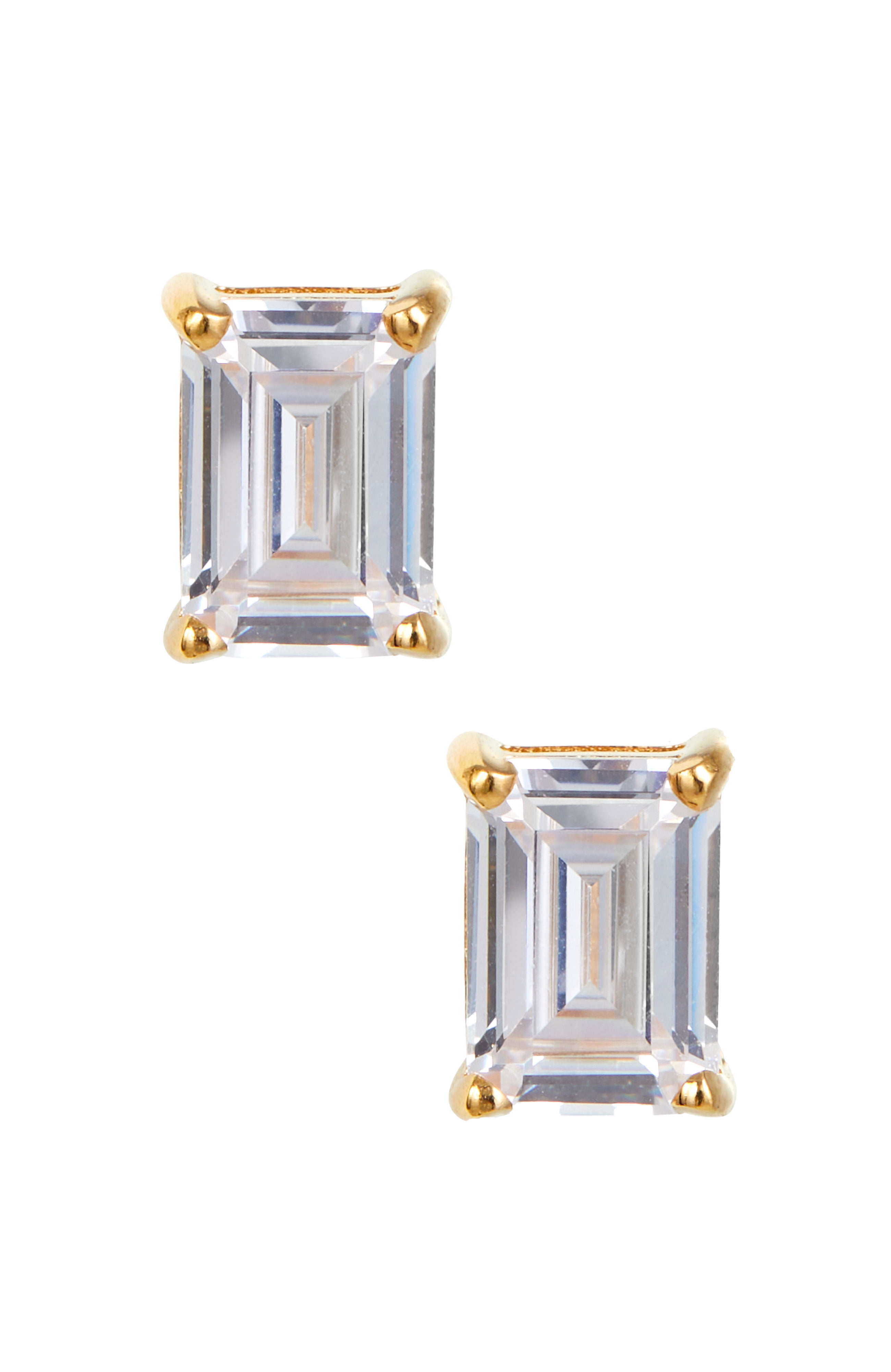 18K Gold Plated Sterling April Lab Created Diamond Emerald Cut Birthstone Stud in Box