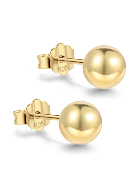 18K Gold Plated Sterling Silver Ball Stud Earrings, 5mm, Hypoallergenic Jewelry