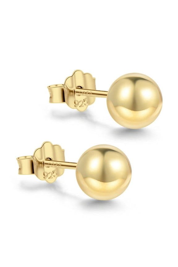 18K Gold Plated Sterling Silver Ball Stud Earrings 8mm, Simple Polished Ball Studs Hypoallergenic Jewelry