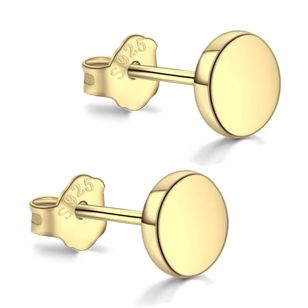 18K Gold Plated Sterling Silver Dot Stud Earrings 5mm, Flat Round Disc Studs Hypoallergenic Jewelry
