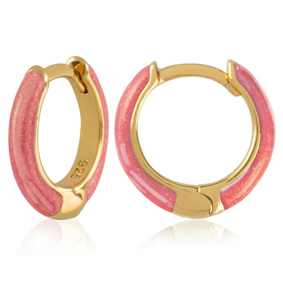 Gold Plated Coral Pink with Glitter Enamel Huggie Hoop Earrings for Women