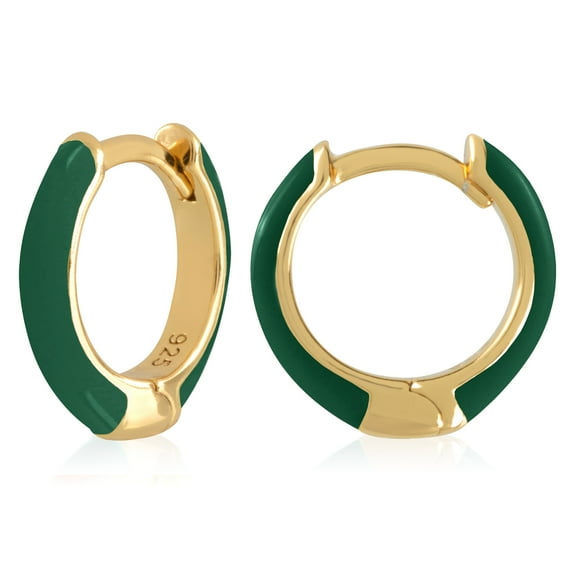 Gold Plated Dark Green Enamel Huggie Hoop Earrings for Women