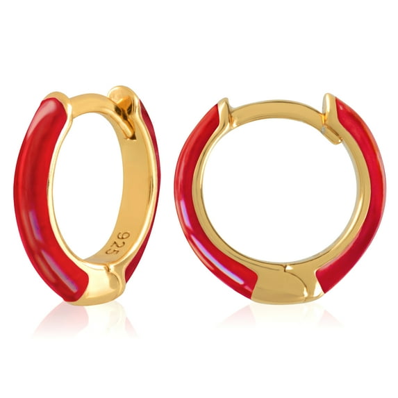 Gold Plated Transparent Red Enamel Huggie Hoop Earrings for Women