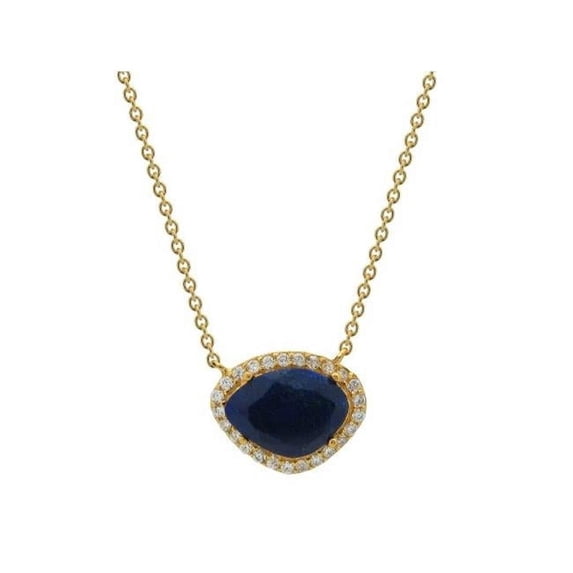 18K Gold Plated Sterling Silver Natural Sapphire Corundum & CZ Pendant Necklace, 15.5 in.