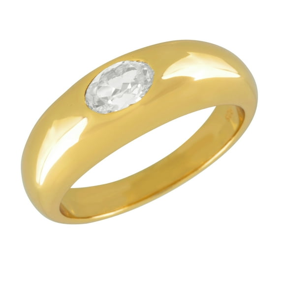 18K Gold Plated Sterling Silver Oval Cut Shape CZ Cigar Band Dome Ring for Women, Size 8