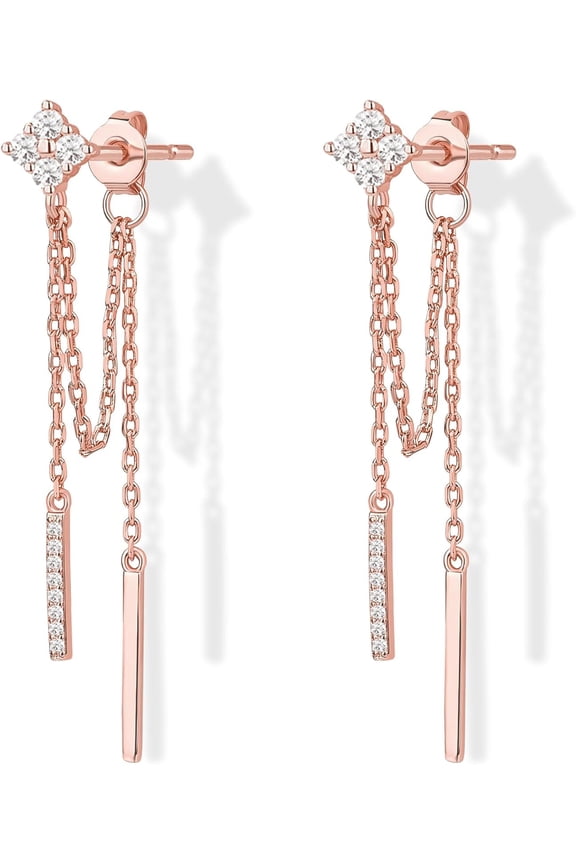 18K Gold Plated Sterling Silver Posts Four Zircons Flower Drop Dangle Chain Earrings for Women | Dangling Chain Studs | Four Cubic Zirconia Flower Threader Earscapes Earrings Gifts for Women