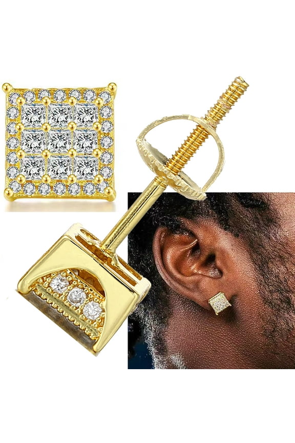 18K Gold Plated Sterling Silver Princess Cut Square Cubic Zirconia Stud Earrings for Women Men Clear CZ Diamond Stud Earrings