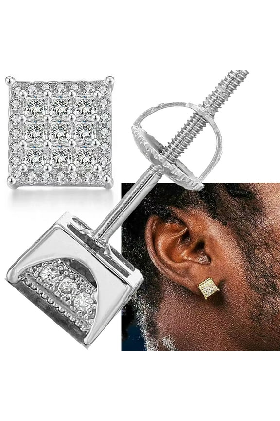 18K Gold Plated Sterling Silver Princess Cut Square Cubic Zirconia Stud Earrings for Women Men Clear CZ Diamond Stud Earrings