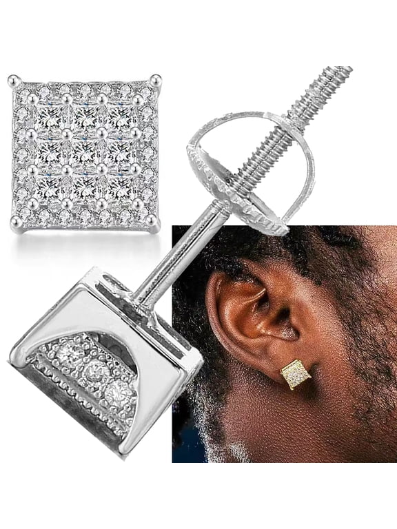 18K Gold Plated Sterling Silver Princess Cut Square Cubic Zirconia Stud Earrings for Women Men Clear CZ Diamond Stud Earrings