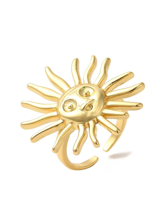 18K Gold-Plated Sun Womens Polished Shiny Sunburst Design Radiating Points Adjustable Cuff Ring R181