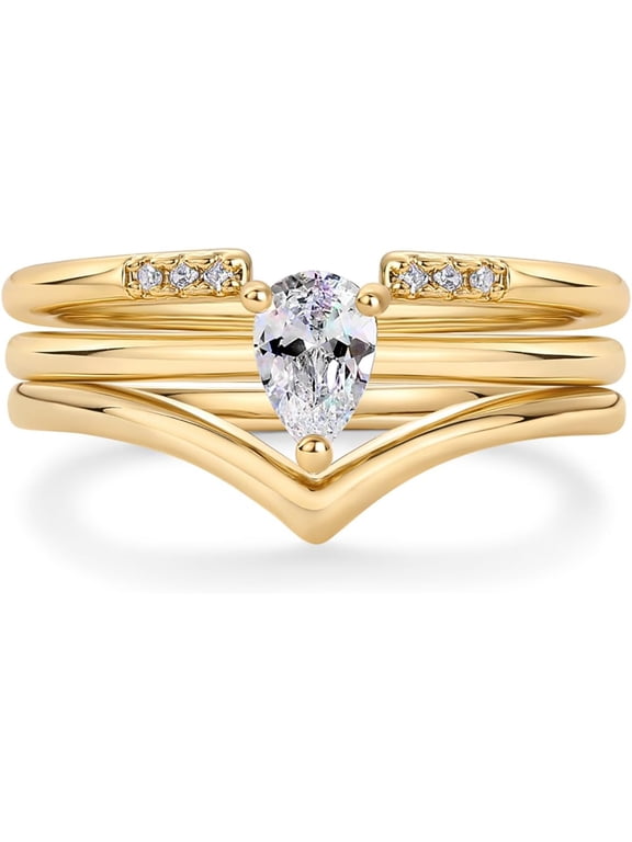 18K Gold Plated Three Stackable Rings Set for Women | Tear Drop Cubic Zirconia Stacking Bands Set | 3 Trendy Rings Pack