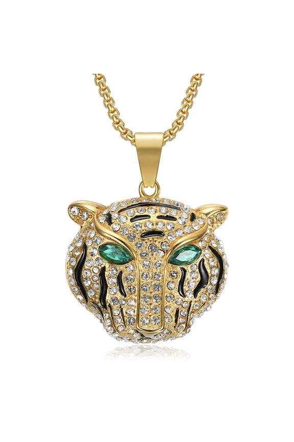 18K Gold Plated Tiger Head with Green Eyes Pendant Punk Rock Stainless Steel Necklace, 24 Inch Chain for Men Hip Hop Animal Jewelry