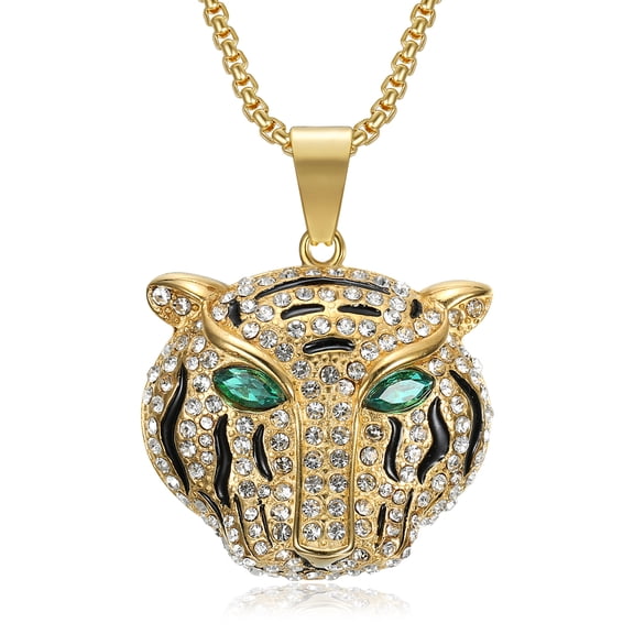 18K Gold Plated Tiger Head with Green Eyes Pendant Punk Rock Stainless Steel Necklace, 24 Inch Chain for Men Hip Hop Animal Jewelry