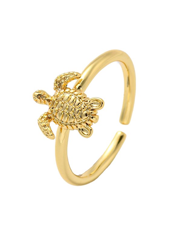 18K Gold-Plated Turtle Ocean Womens Polished Shiny Shell Adjustable Open Cuff Ring R128
