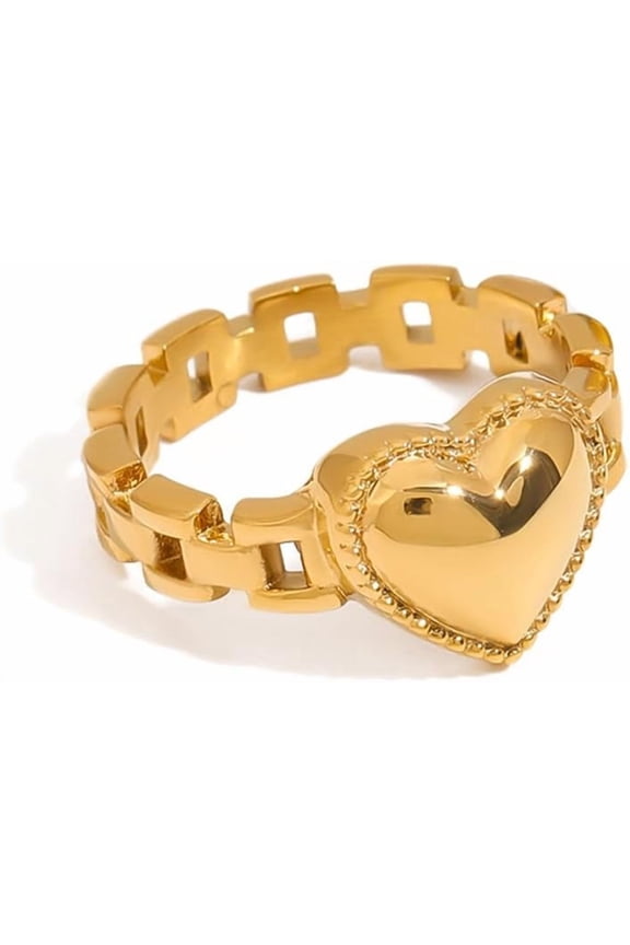 18K Gold Plated Two-Tone Color Watch Band Heart Shape Rings for Women,Stainless Steel Love Chain Link Ring, Fashion Band Finger Ring,Jewelry Gifts For Birthdays Anniversary