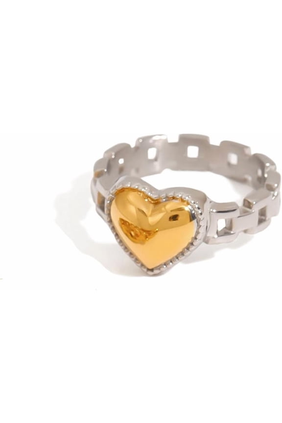 18K Gold Plated Two-Tone Color Watch Band Heart Shape Rings for Women,Stainless Steel Love Chain Link Ring, Fashion Band Finger Ring,Jewelry Gifts For Birthdays Anniversary