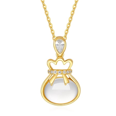ZHOU LIU FU 18K Gold Plated White Chalcedony Lucky Bag Pendant Necklace - 925 Sterling Silver Chain - Dainty Jewelry for Women Her