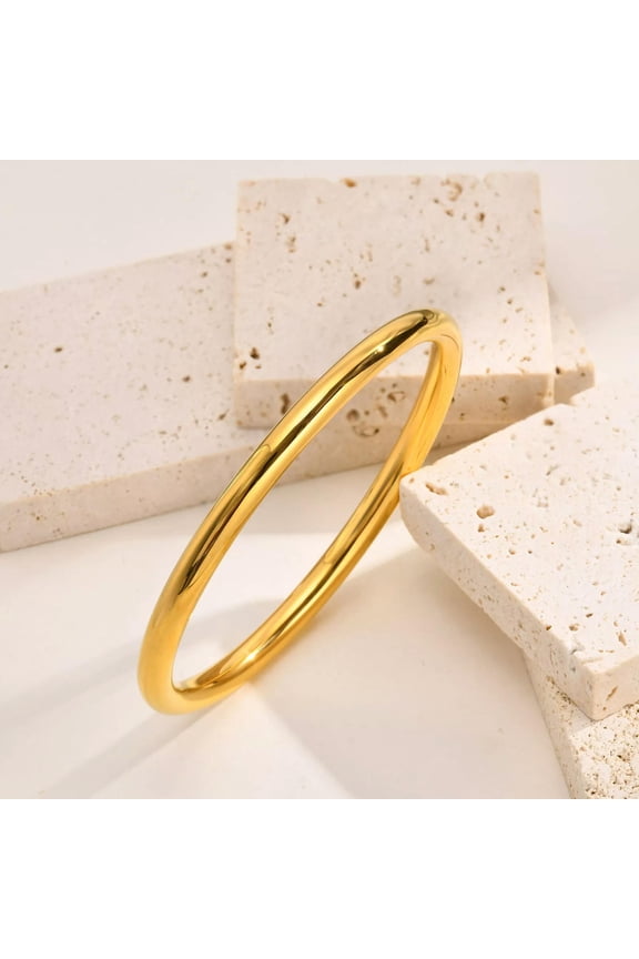 18K Gold Plating Round Bangle 5mm Womens Stainless Steel High Polished Bracelet