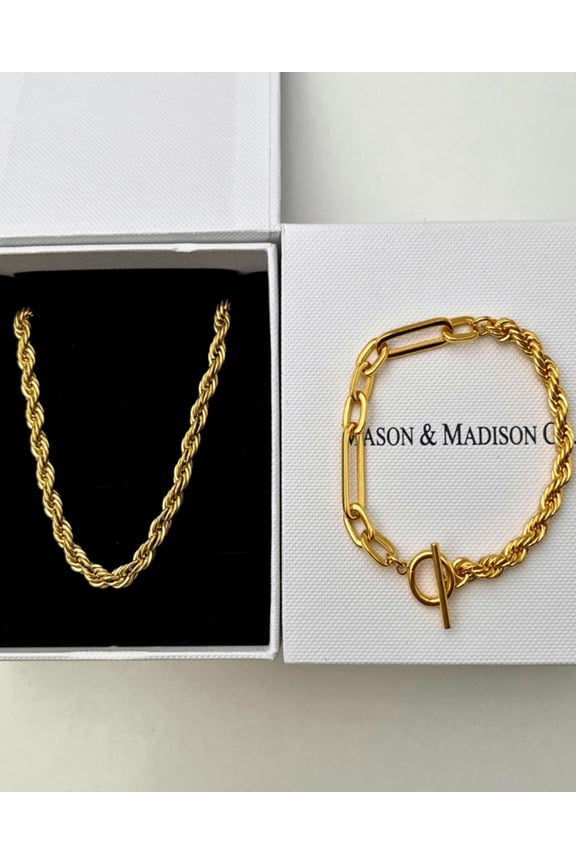 Women's 18K Gold Rope Chain Necklace Bracelet Bundle Set