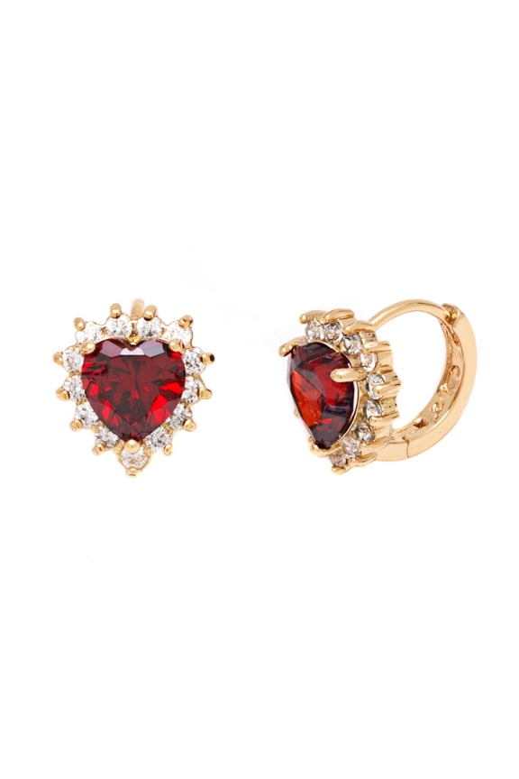 18K Gold Plated Ruby Heart Huggie with Omega Back Closure