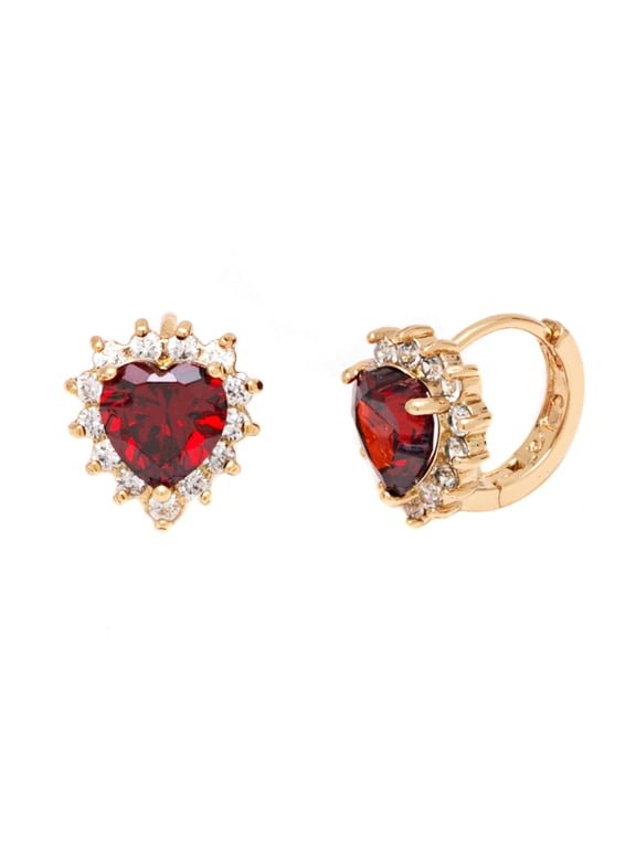 18K Gold Plated Ruby Heart Huggie with Omega Back Closure