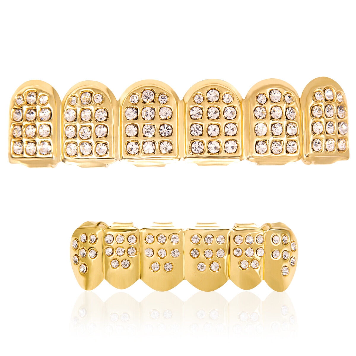 18K Gold Plated Hip Hop Teeth Grillz Set – Custom Top & Bottom Diamond Grill Mouthpiece