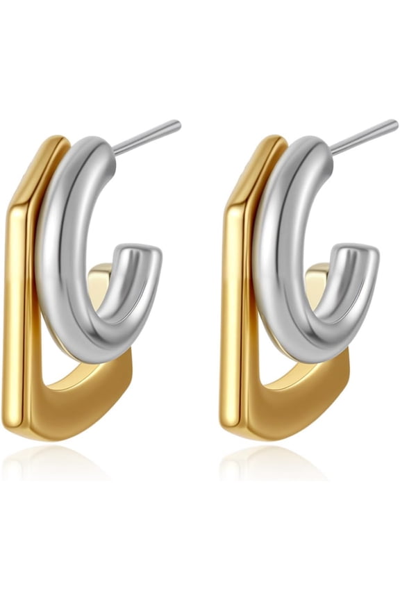 18K Gold Silver Two-Tone Earrings, Irregular Geometric C-Hoop Ear Studs, Minimalist Modernist Earrings for Women[l462]