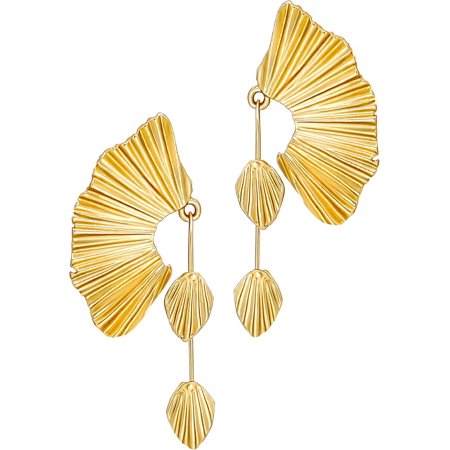 18K Gold Statement Earrings for Women by Leander, Chunky Dangle Leaf Fan Shape Flower Earrings, Vintage Boho Accessories by Leander, 18K Gold Plated Trendy Fashion Jewelry Gifts