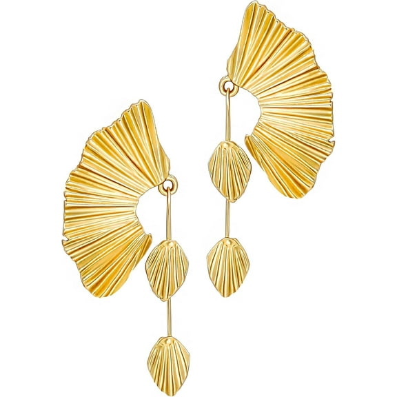 18K Gold Statement Earrings for Women by Leander, Chunky Dangle Leaf Fan Shape Flower Earrings, Vintage Boho Accessories by Leander, 18K Gold Plated Trendy Fashion Jewelry Gifts