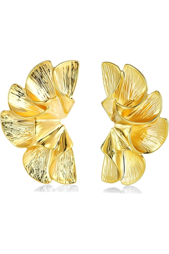 18K Gold Statement Earrings for Women by Leander, Chunky Dangle Leaf Fan Shape Flower Earrings, Vintage Boho Accessories by Leander, 18K Gold Plated Trendy Fashion Jewelry Gifts