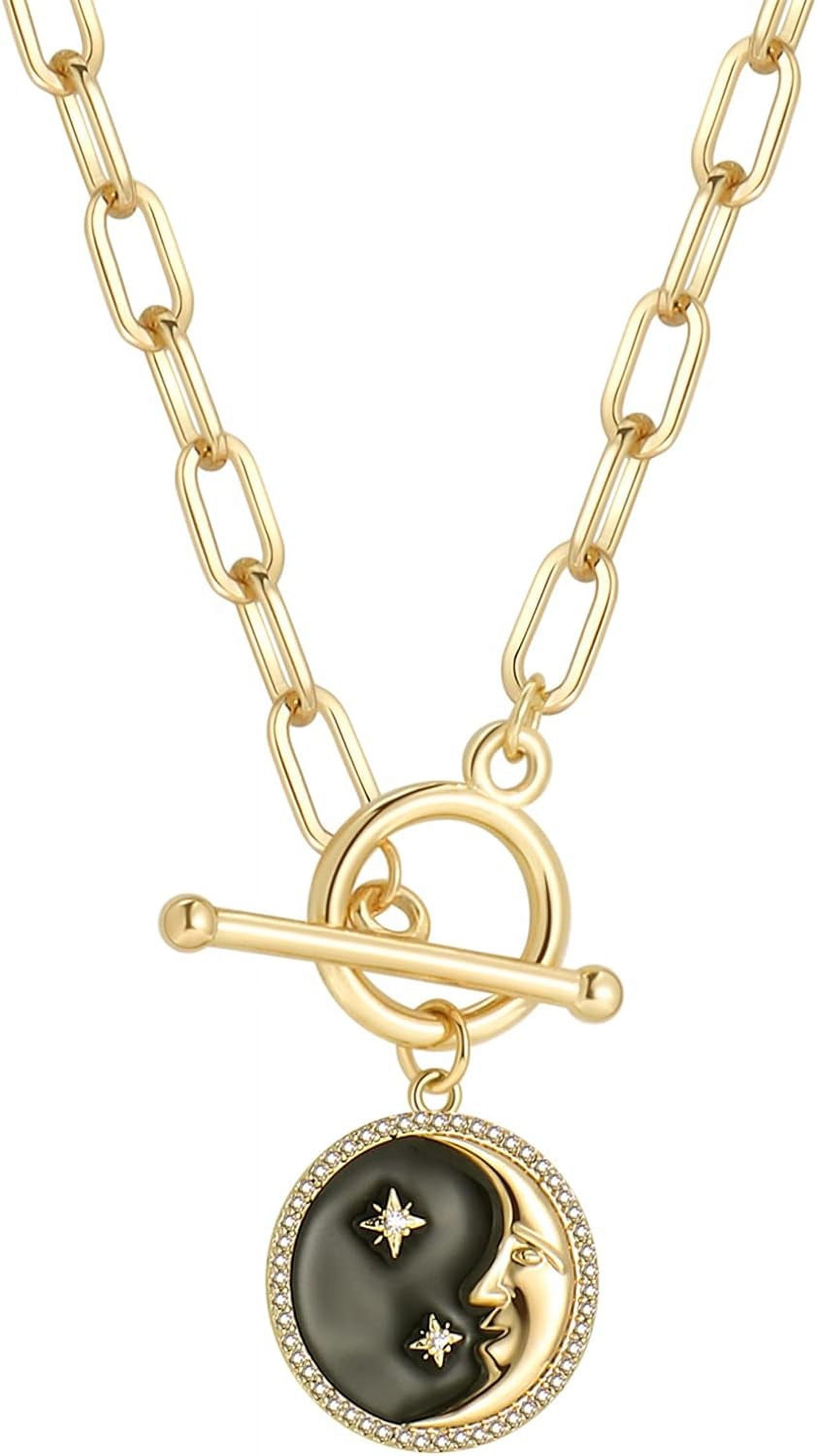 18K Gold Sun Moon Star Compass Pendant Necklace Chunky Toggle Paperclip