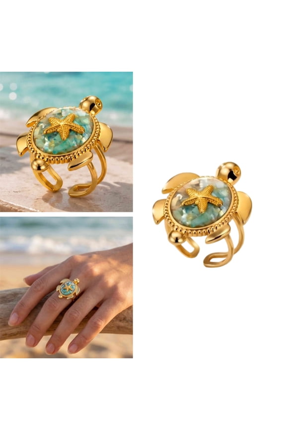 18K Gold-Tone Plated Stainless Steel Adjustable Open Ring for Women, Sea Turtle Starfish Ocean Ring with Crushed Shell Inlay, Hypoallergenic Jewelry for Summer Beach Travel