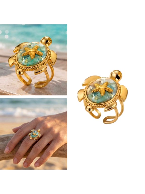 18K Gold-Tone Plated Stainless Steel Adjustable Open Ring for Women, Sea Turtle Starfish Ocean Ring with Crushed Shell Inlay, Hypoallergenic Jewelry for Summer Beach Travel