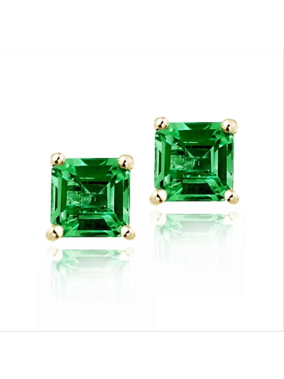 18K Gold over Sterling Silver 1.5ct Created Emerald Square Stud Earrings, 5mm
