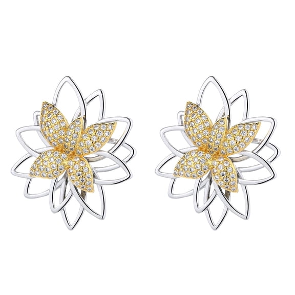 18K Lotus Flower Two Tone Earring Studs with Crystals
