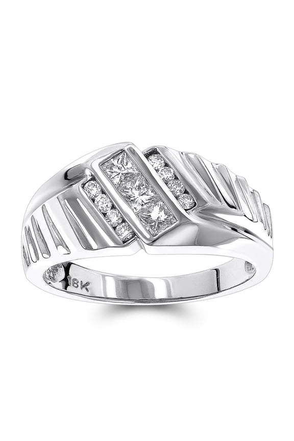 18K Men Round & Princess Cut Natural Diamond Ring (White Gold Size 6)