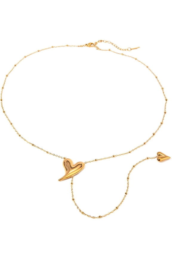 18K PVD Gold Plated Double Heart Y-Layer Chain Necklace for Women, Stainless Steel Tarnish Free Beaded Love Design, Adjustable Length Summer Jewelry Gifts for Birthdays Anniversary