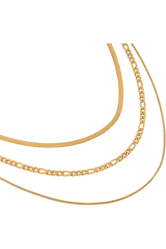 18K PVD Gold Plated Layered Chain Necklace, Stainless Steel Triple Strand Necklace for Women, Snake and Figaro Chain Necklaces Fashion Jewelry Gifts For Birthday Anniversary