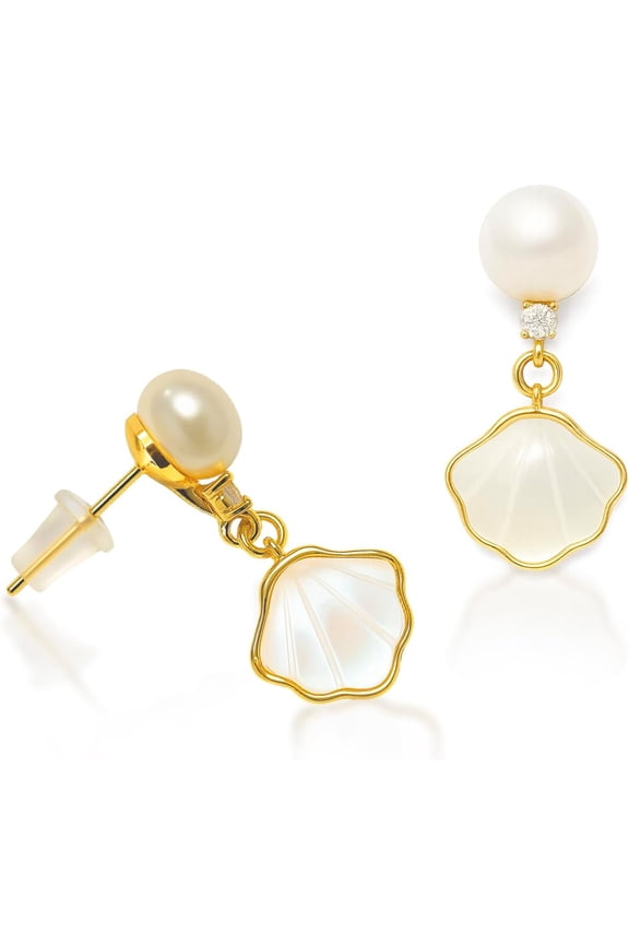 18K Plated Mother of Pearl shell in Yellow Gold-Plated Earring. Seashell Stud Dangle Earring for Women Dainty White Enamel Shell Dangling Drop Summer Beach Jewelry Gift.