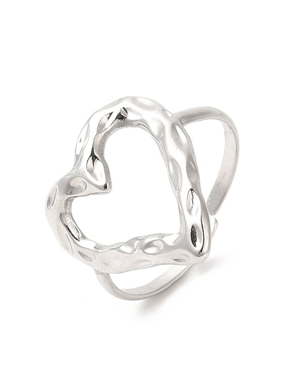 Stainless Steel Heart Textured Adjustable Open Cuff Ring Silver R172