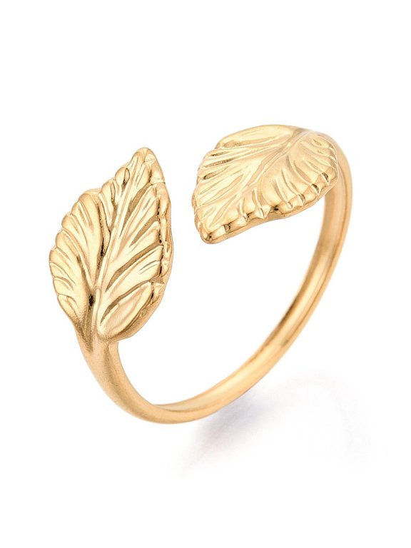 Gold-Tone Stainless Steel Leaf Fashion Womens Polished Open Ring Gold Adjustable R215